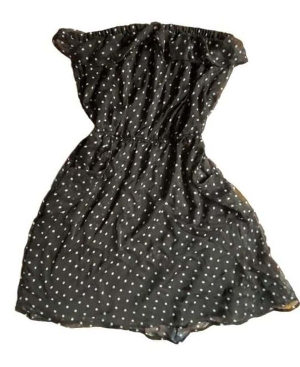 Dots black and white polka dot strapless mini dress with pockets